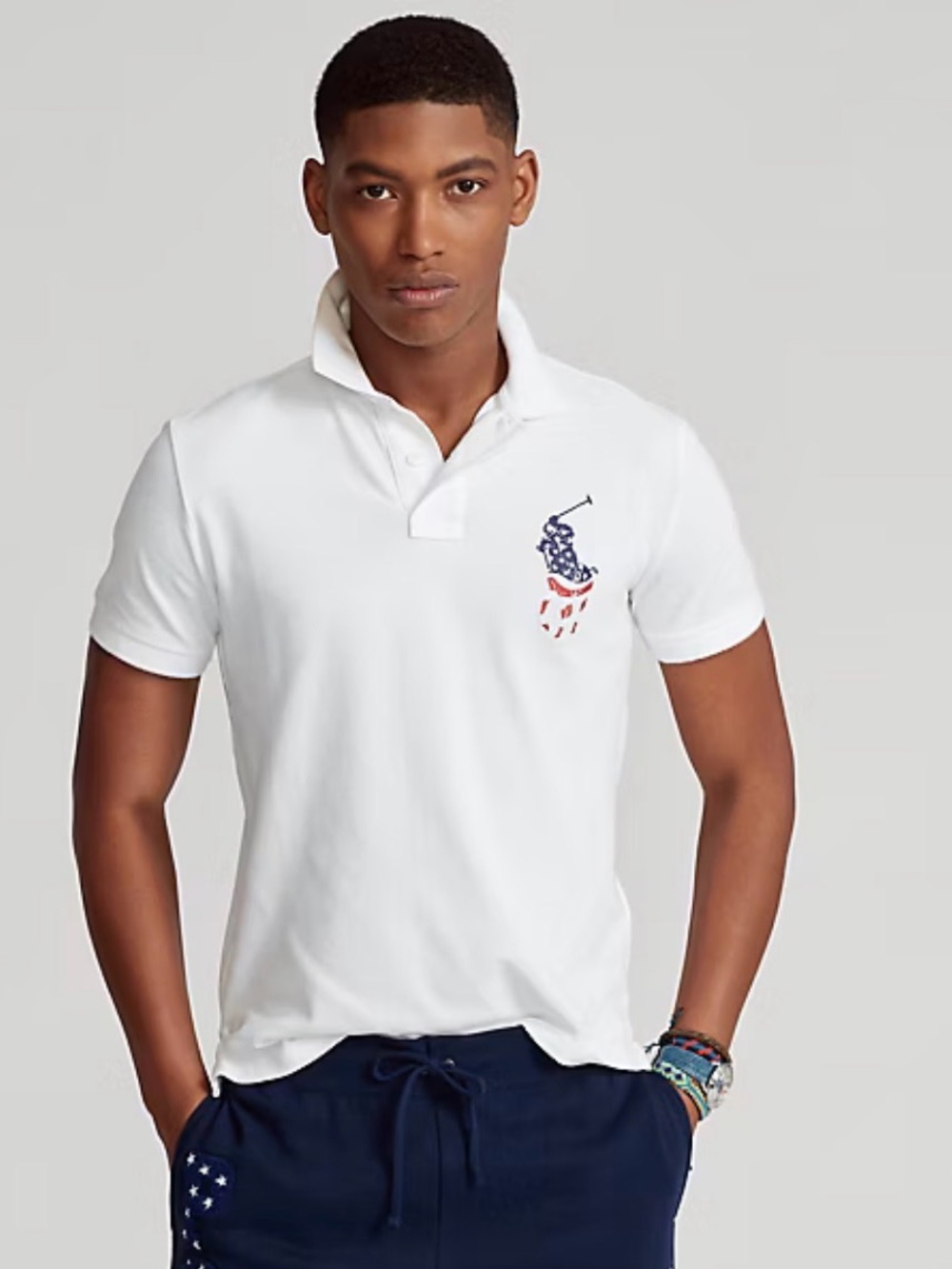 Polo Ralph Lauren Custom Slim USA Flag Big Pony Mesh Polo Shirt White Sz L - Picture 3 of 9